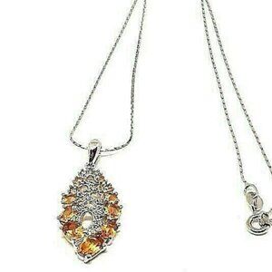 Natural Yellow Citrine with CZ 14K White Gold on 925 Sterling Silver